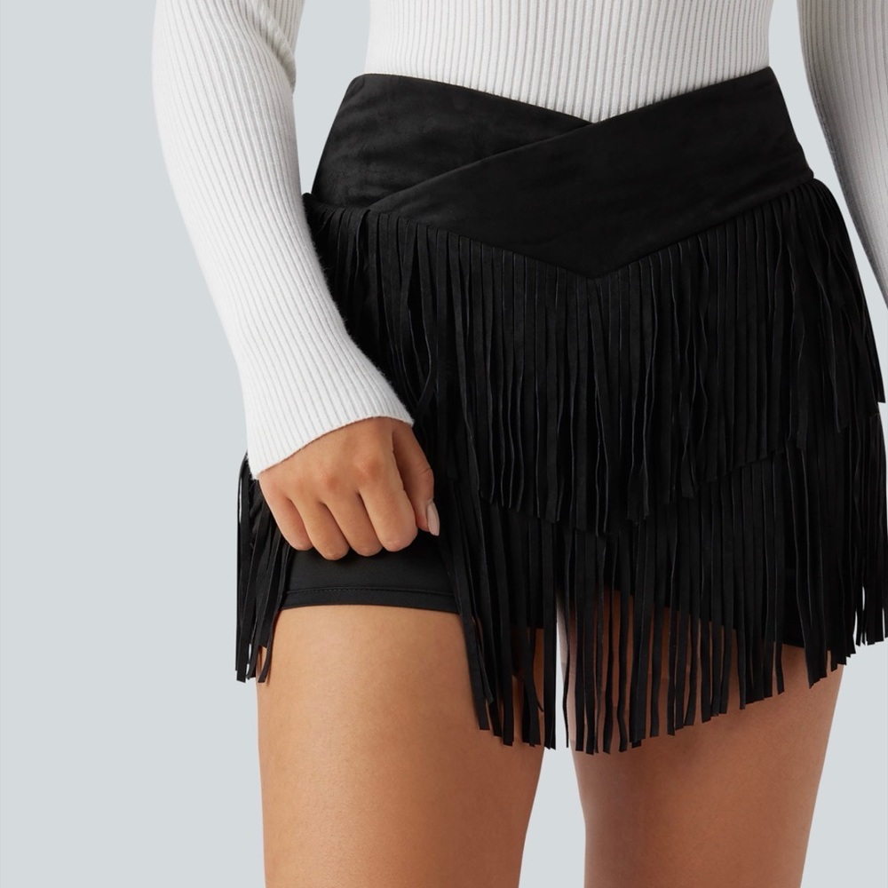 HALARA Crossover High Waisted 2 in 1 Suede Fringe Skirt Black XL - Picture 3 of 5